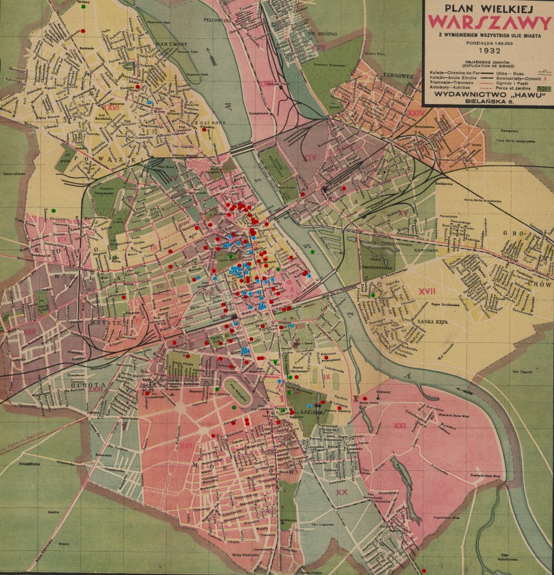 Mapa Wielkiej Warszawy z zaznaczonymi przez Aldonę Tołysz instytucjami prowadzącymi w 20-leciu międzywojennym działalność kolekcjonerską i wystawienniczą.